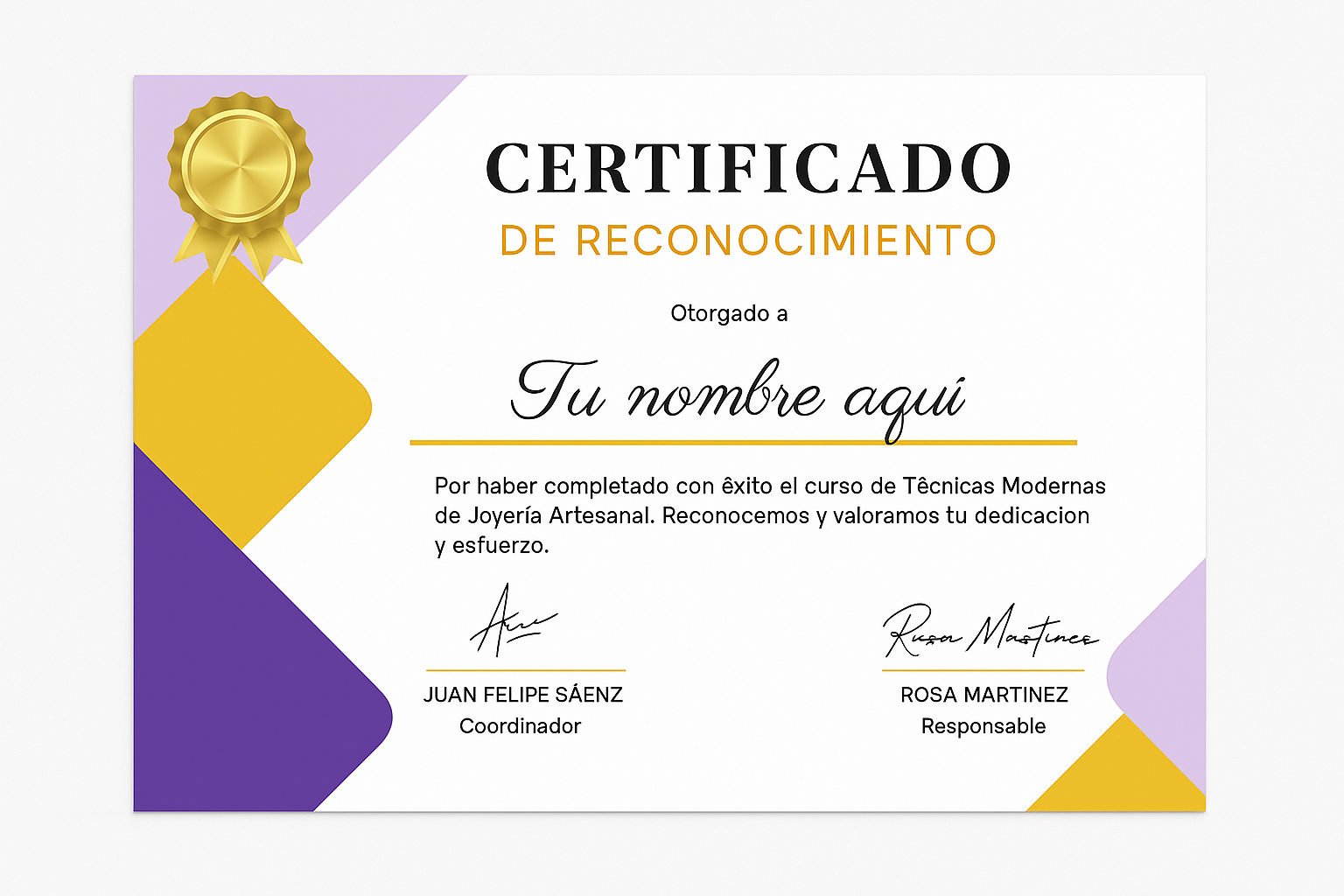 Certificado de Finalización del curso de Joyería Artesanal